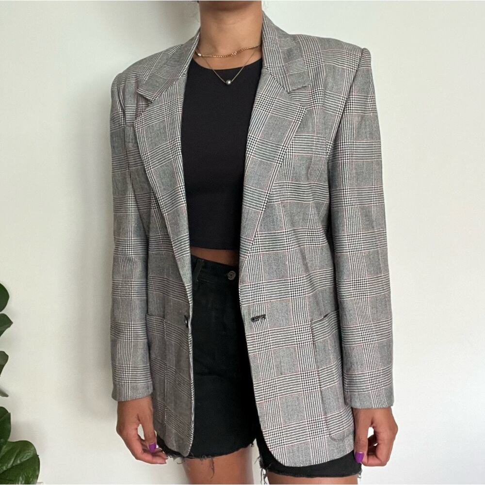 Rafaella Houndstooth Plaid Blazer Sz 10 Gray Red Wool Blend Business Casual Prep